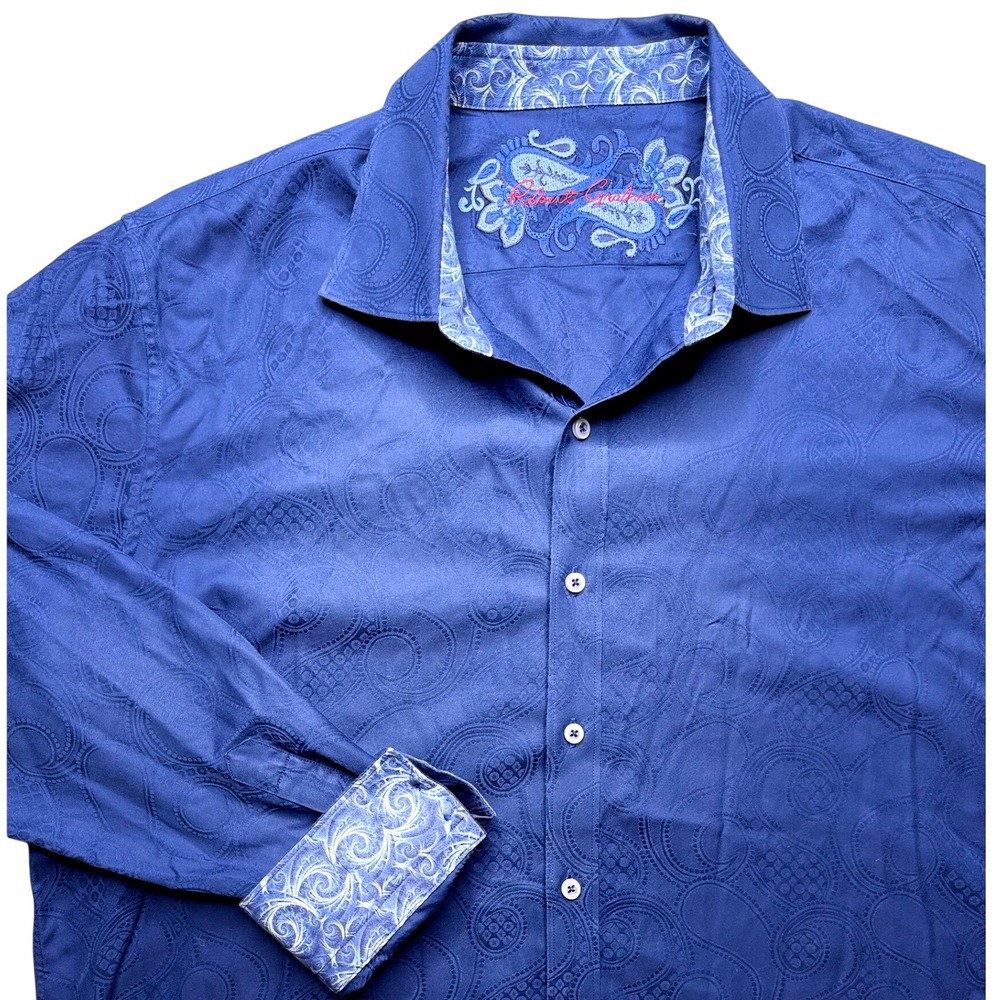 Robert Graham Salisbury Damask Button Down Blue Paisley Jacquard Contrast Cuffs